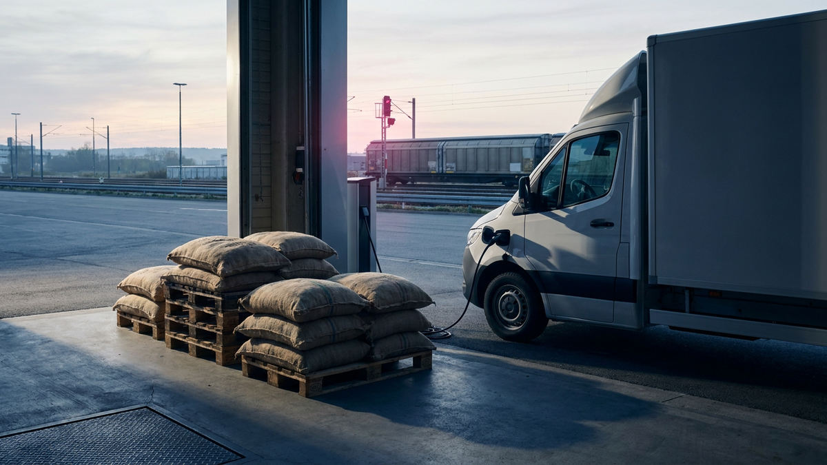 Cocoa sacks and an unmarked electric delivery truck beside a freight rail terminal