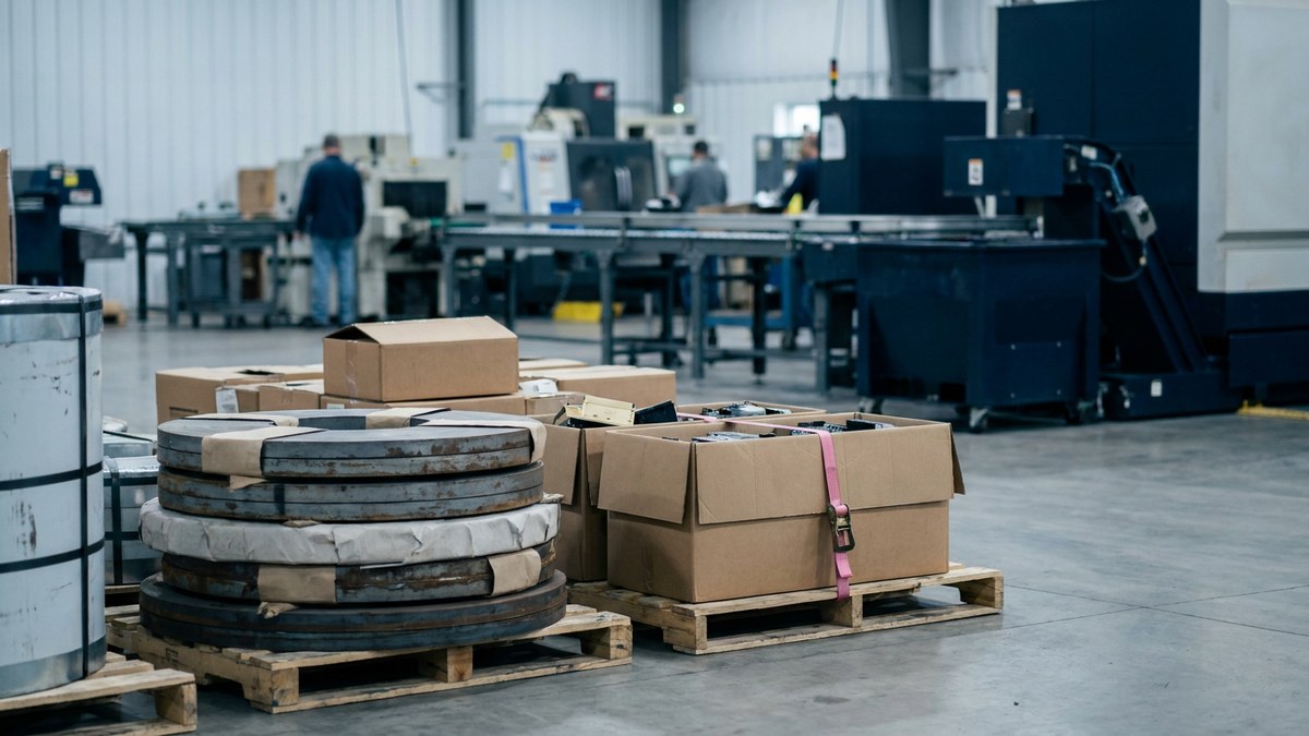 Input industriali disposti in un'area di ricevimento della produzione generica