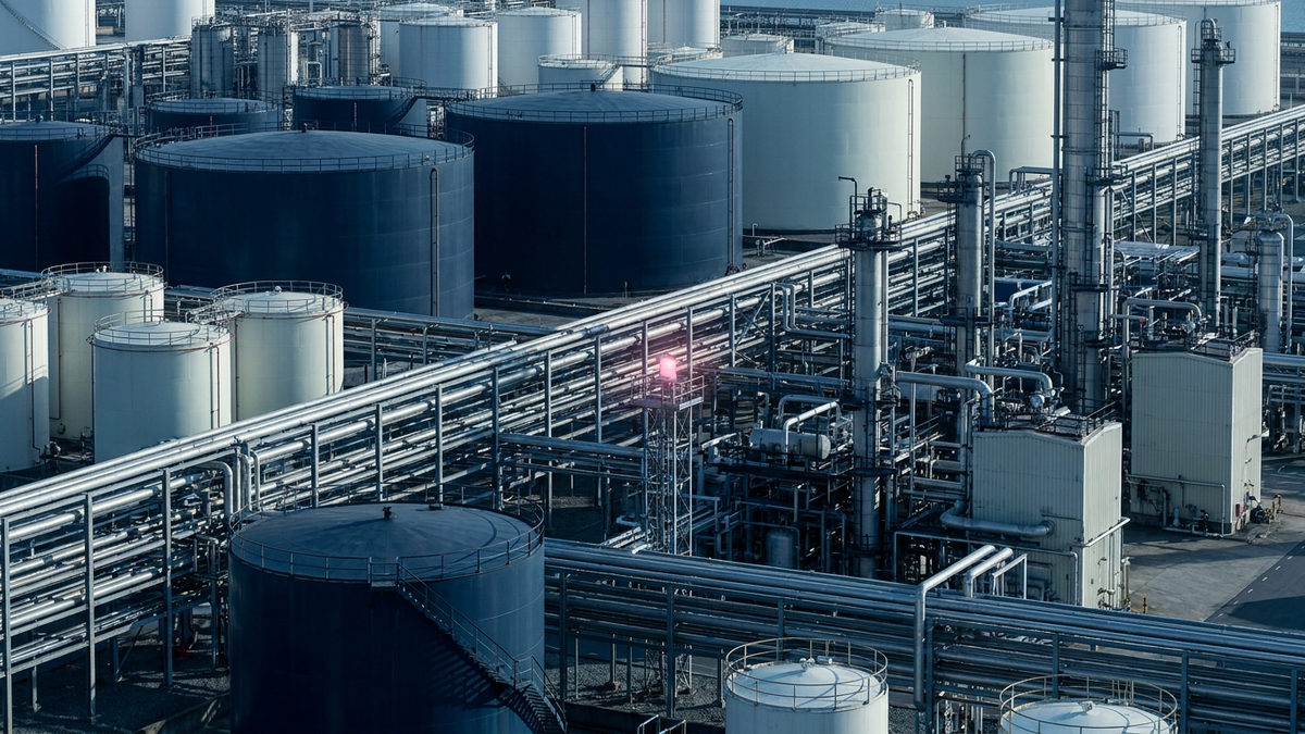 Unmarked fuel storage tanks and refinery pipework in clear daylight