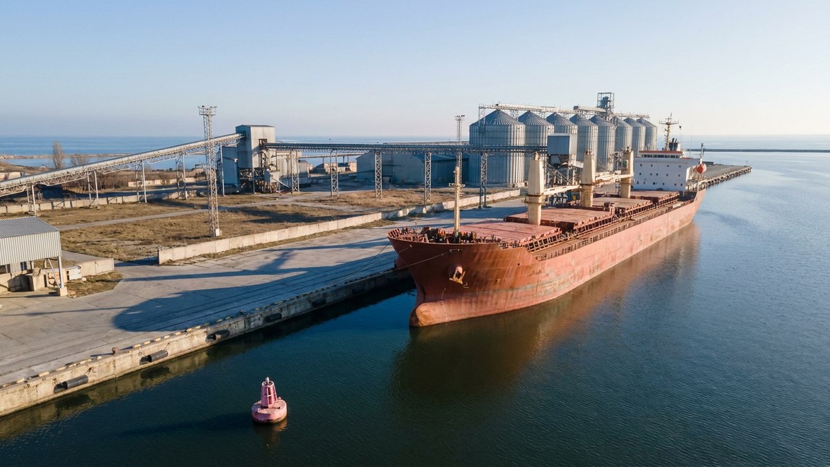 Ein unmarkiertes Frachtschiff liegt neben Getreidesilos in einem ruhigen Handelshafen vor Anker.