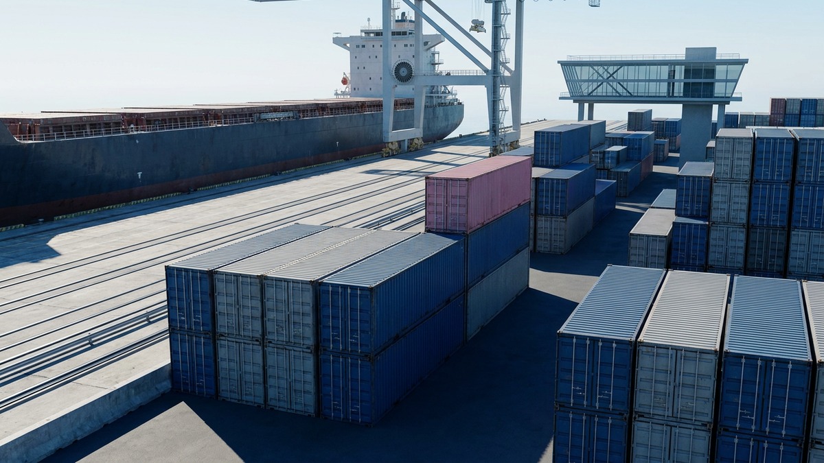 Ilustração conceitual de um porto de cargas anônimo e contêineres de mercadorias sem identificação