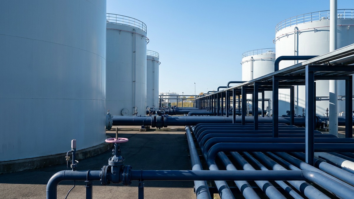 Illustration of an anonymous gas storage facility and pipeline manifolds