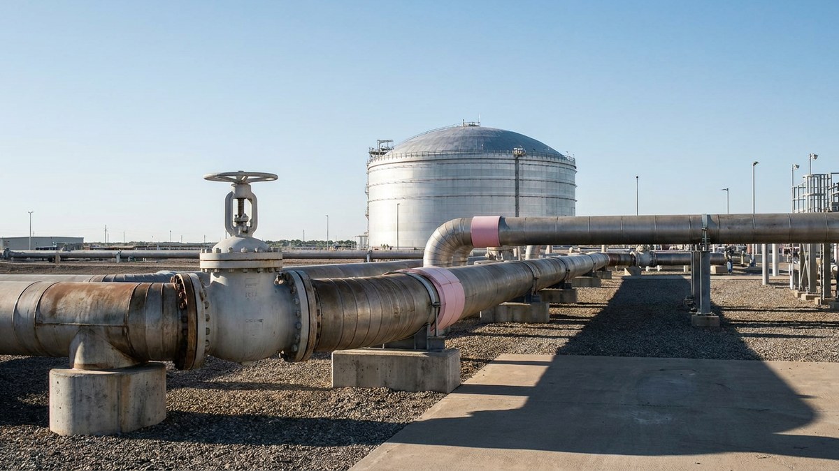 Gas-import terminal with a storage tank, insulated pipelines and valve manifold; AI-generated editorial illustration.