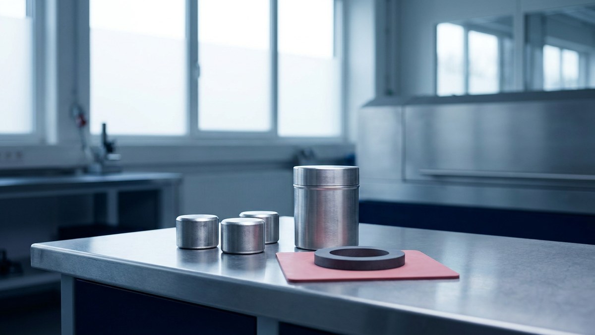 Plain alloy billets, a sealed metal vessel and a ring-shaped component on a materials inspection bench
