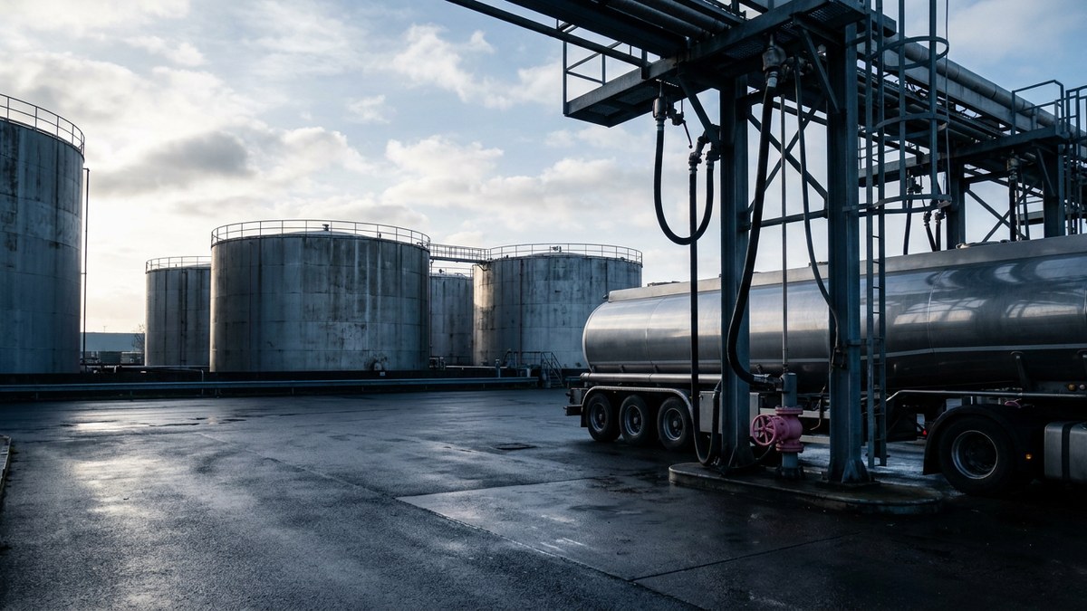 Illustrative fuel-storage tanks and a road tanker at a loading gantry
