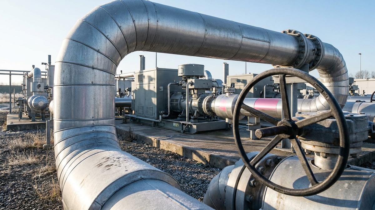 Gas pipeline and valve infrastructure at an illustrative interconnector site in clear daylight