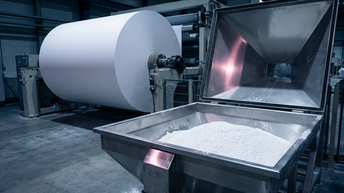 Illustrative paper mill with a large white paper reel and a steel hopper of fine white mineral powder