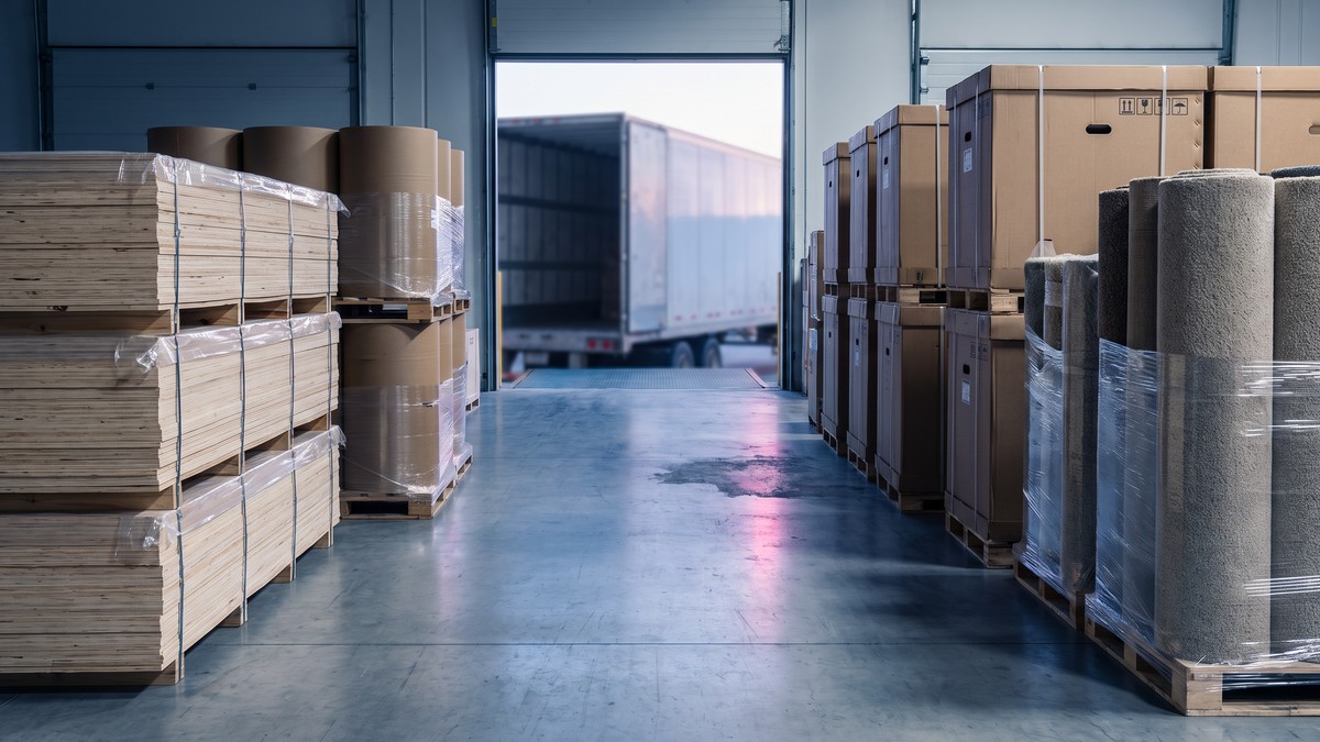 Illustrative import warehouse with plywood and paperboard rolls on one side and boxed air conditioners and rolled carpets on the other