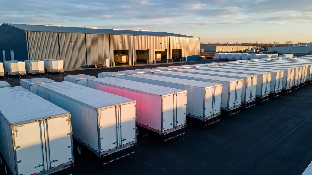Illustrative rows of new unmarked white enclosed semi-trailers parked outside a trailer factory at sunrise