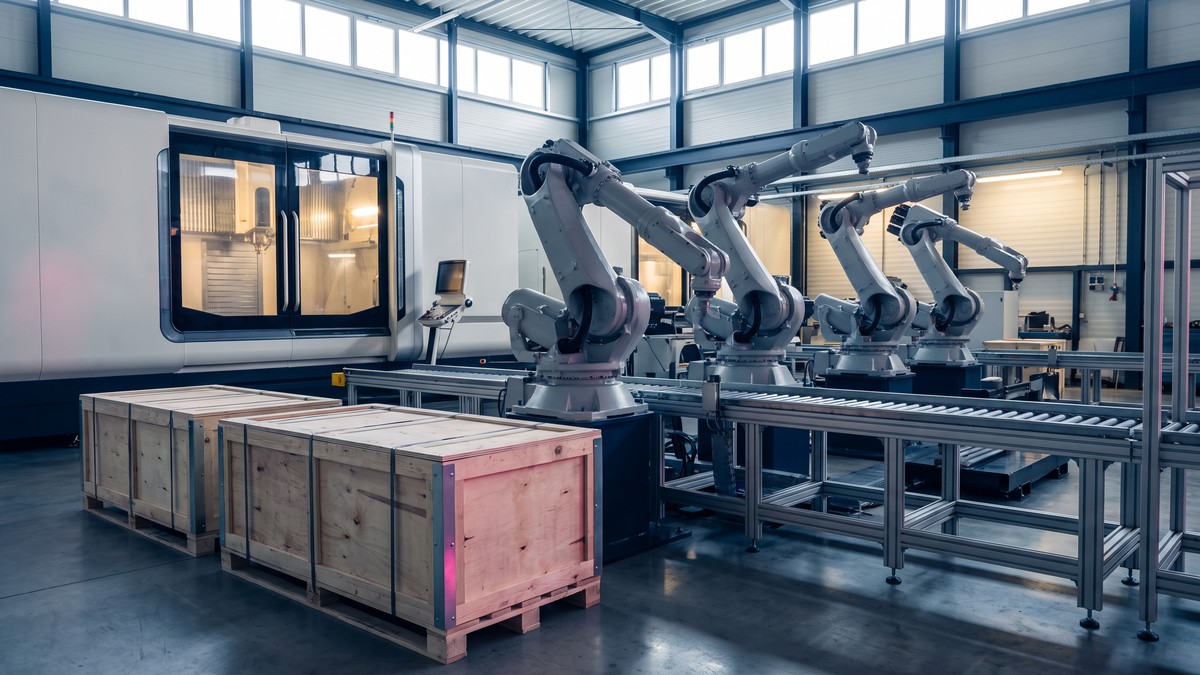 Illustrative factory floor with a row of unmarked industrial robot arms beside a conveyor, a large machining centre and two newly delivered wooden crates