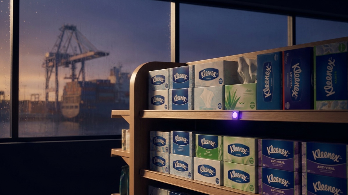 Kleenex tissue boxes on a store shelf with a port container crane and cargo ship visible through the window behind