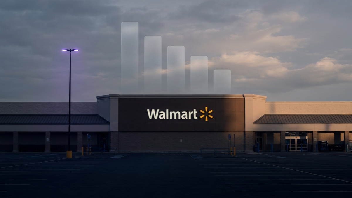 A Walmart storefront at dusk beneath a translucent motif of five descending bar columns fading into the clouds