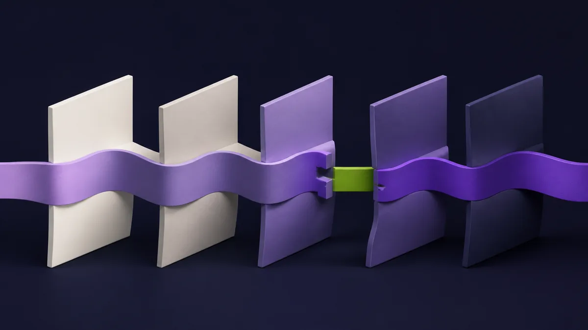 Abstract purple and off-white stages connected by one continuous ribbon with a green reconciliation seam.