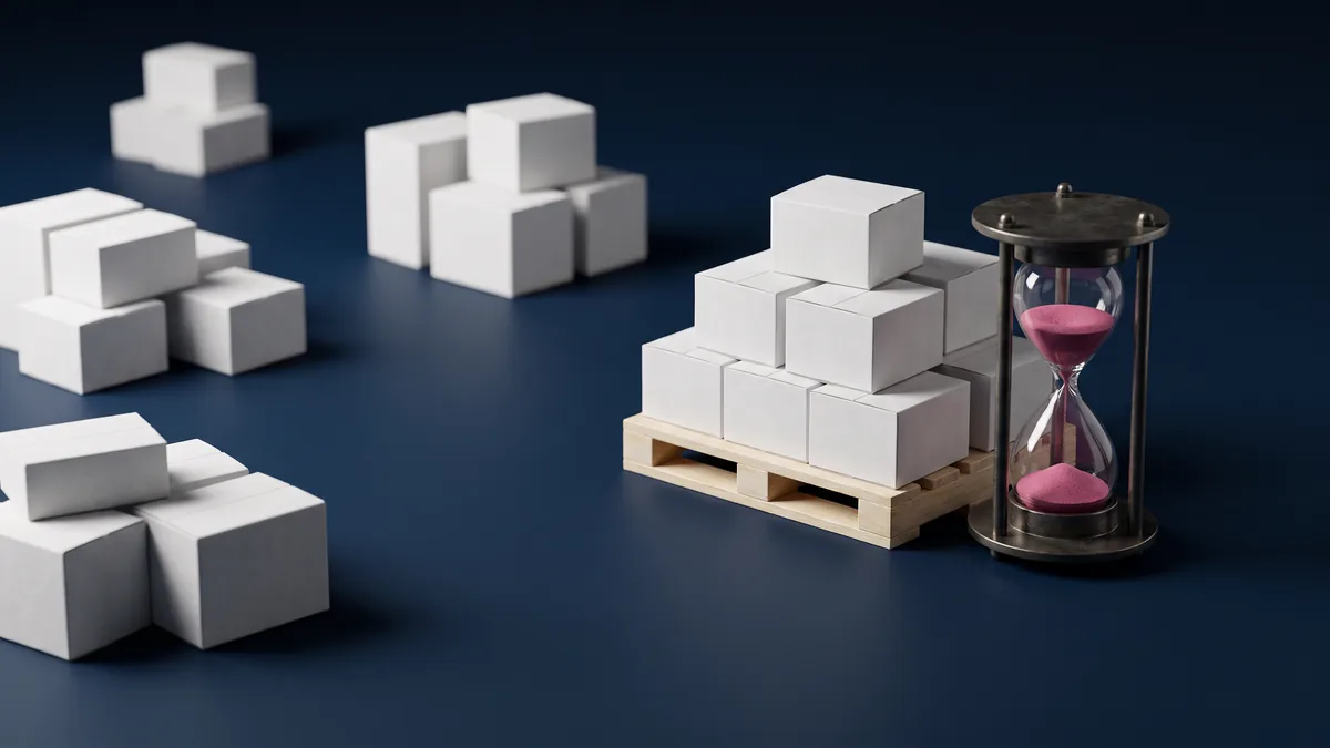 Cuatro grupos pequeños de cajas blancas lisas sobre una mesa azul marino, que llegan a diferentes distancias, al lado de una pila consolidada sobre un pequeño palé de madera y un reloj de arena con arena rosa filtrada hasta la mitad.