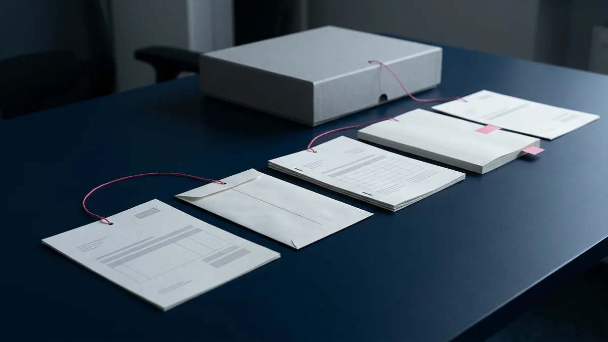 Cinco documentos de adquisiciones en blanco sobre un escritorio azul marino, desde un formulario de solicitud y un sobre sellado hasta un contrato marcado y una factura, unidos por un hilo rosa a una caja de archivo cerrada.