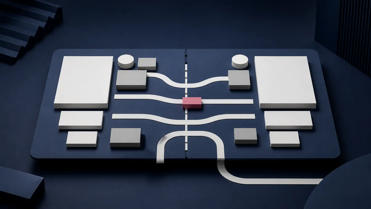 Opposing sets of blank negotiation materials connect through several issue paths, with one pink exchange crossing a central boundary and an alternate route left open.