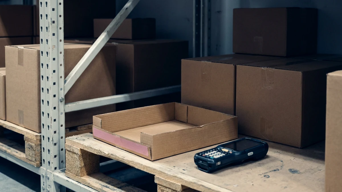 Plain cartons, an empty tray and a handheld scanner on retail distribution shelving, illustrating a physical stock check.