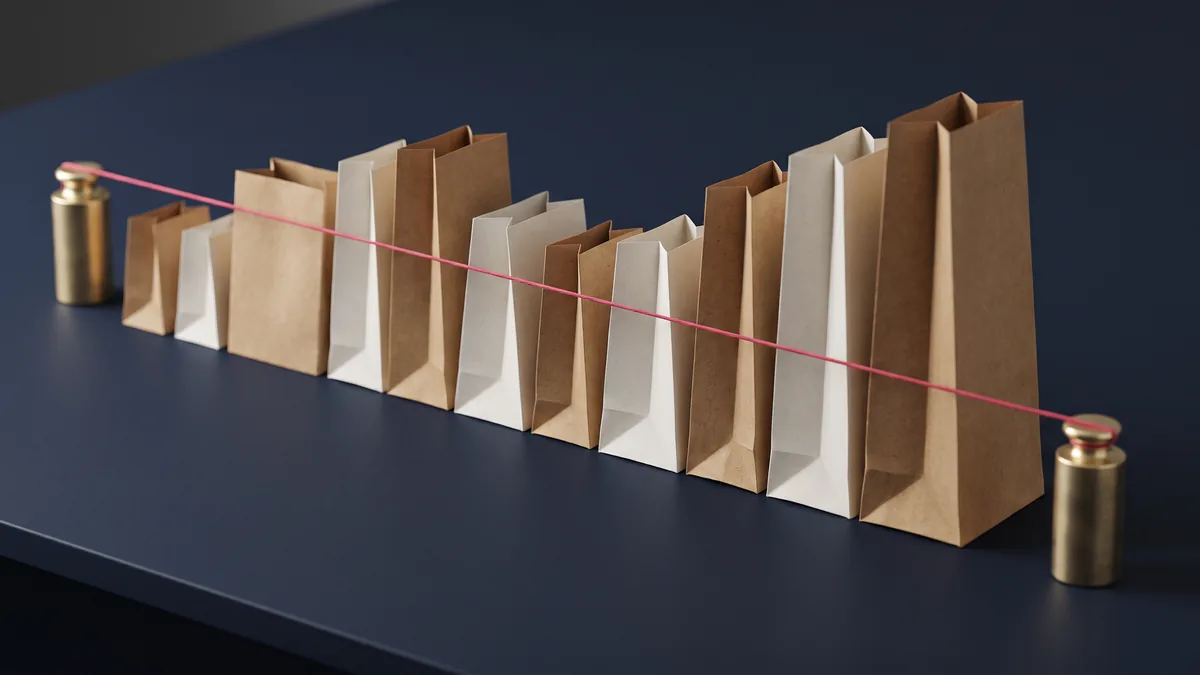 Doce bolsas de compras de papel liso de diferentes alturas se alinean sobre una mesa azul marino, siendo las últimas las más altas, con un hilo rosa tenso extendido sobre ellas entre dos pesas de latón.