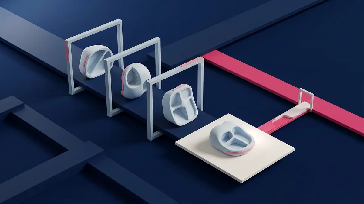 Distinct abstract supplier-response forms pass through common open evaluation frames and settle on a shared comparison plane, with a connected pink alternative path.