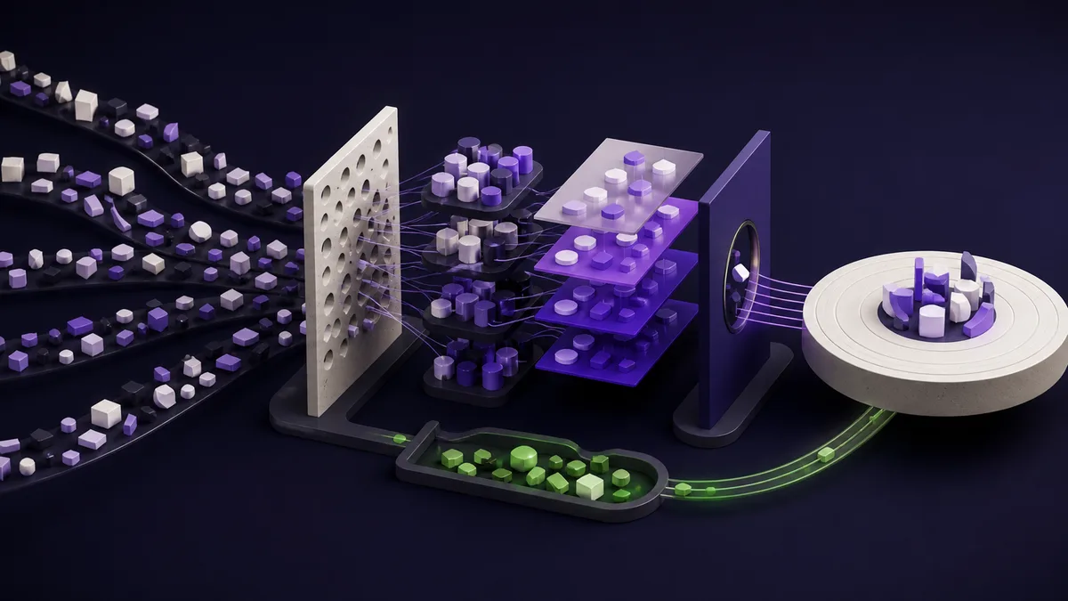 Abstract transaction fragments from several streams pass through layered controls while green exceptions remain in a connected review queue.
