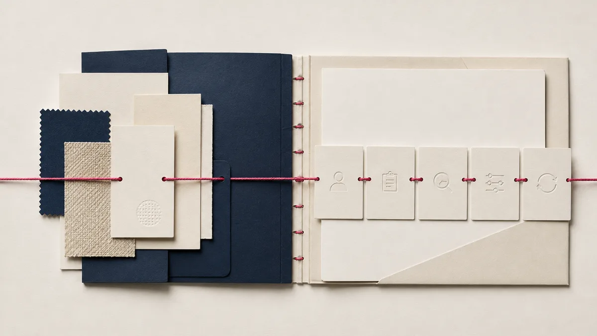 Un fil rose vif transporte les documents d'approvisionnement à travers un contrat relié vers cinq cartes d'obligation représentant la propriété, les preuves, la révision, le changement et le renouvellement.
