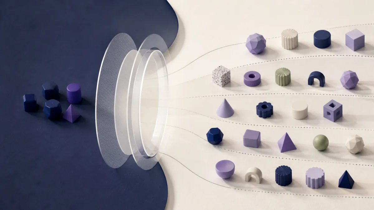 A small cluster of familiar supplier shapes passes through transparent screening rings into a wider field of varied candidates.