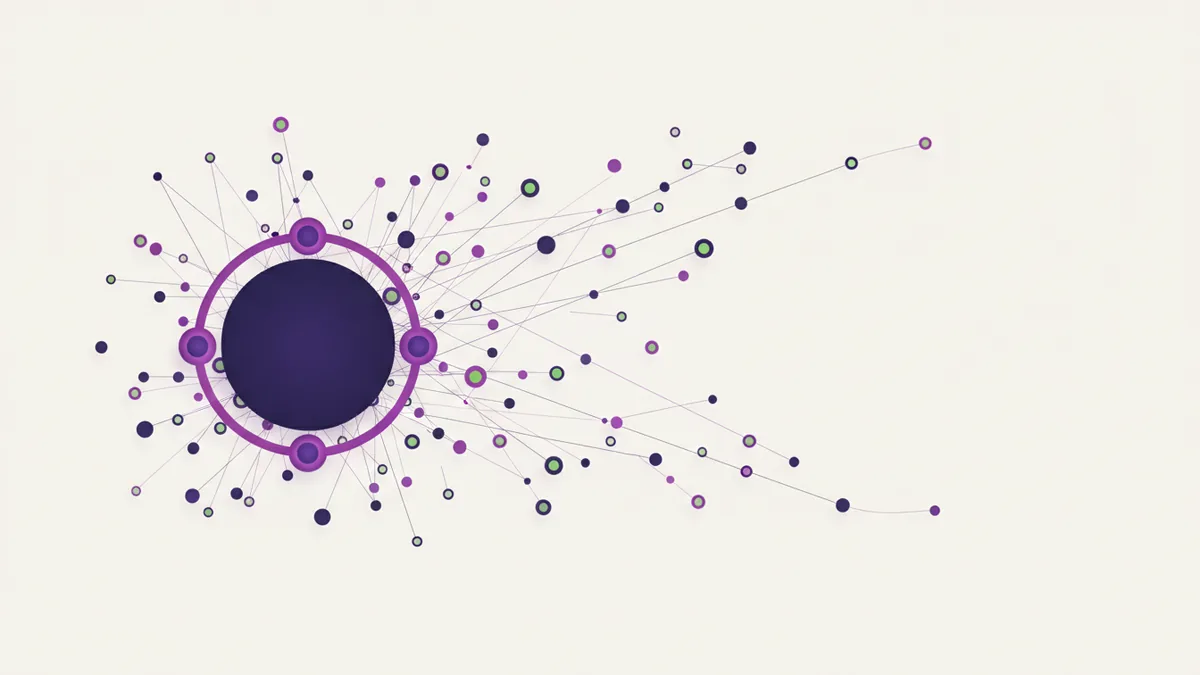 Abstract network of tiered supplier relationships: a central hub with a closely linked inner ring and many lightly connected outer nodes.