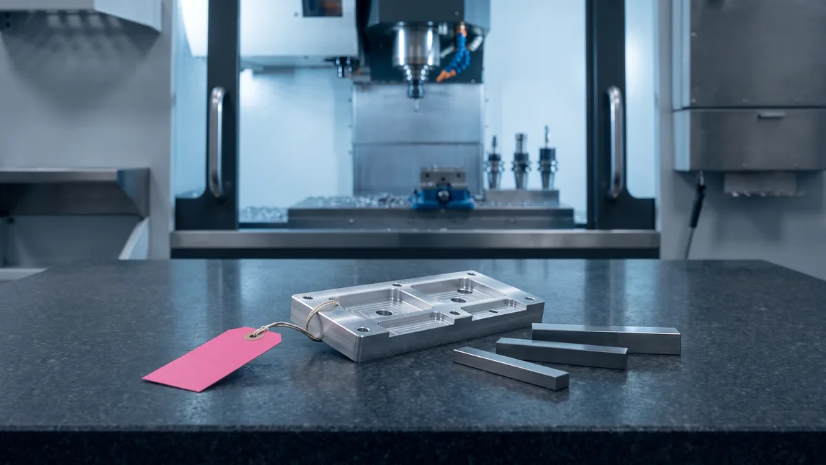 A freshly machined aluminum part with a blank pink inspection tag and plain steel gauge blocks on a dark granite inspection plate, in front of an open machining center.