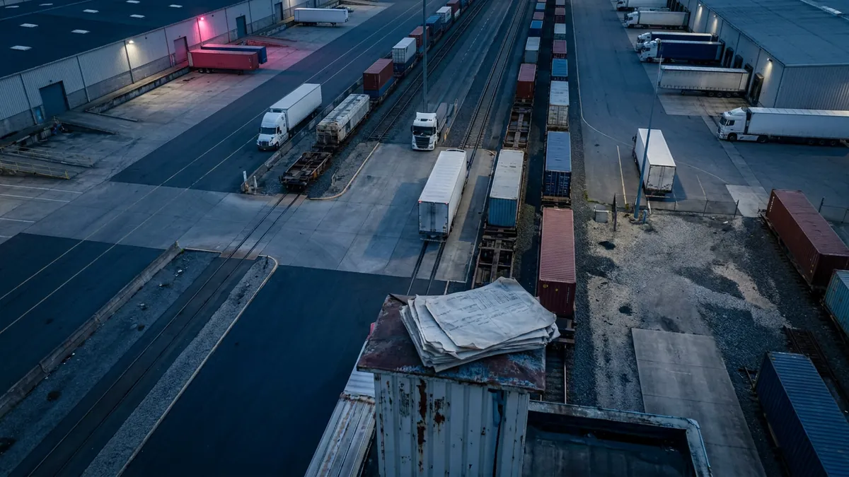 Caminhões de carga sem marca, contêineres e vagões ferroviários em um terminal intermodal vistos de cima.