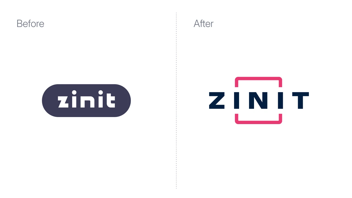 The retired lowercase rounded zinit wordmark beside the new ZINIT set in capitals inside its frame.