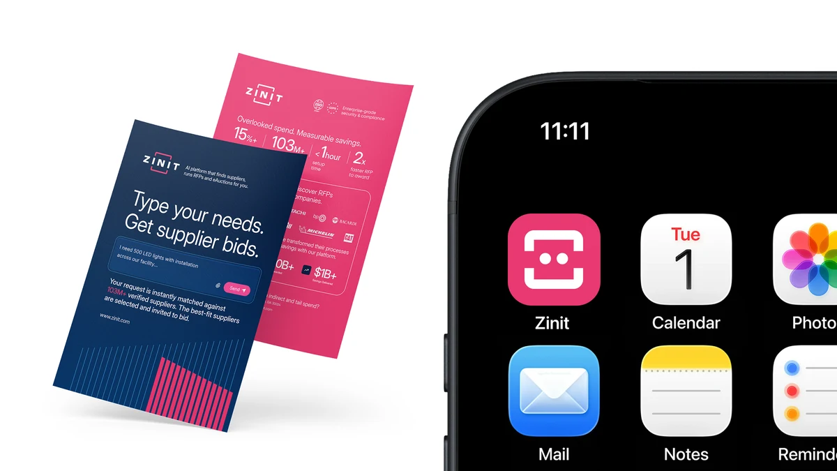 Two Zinit campaign cards on white beside an iPhone home screen showing the Zinit app icon, a raspberry tile with the white frame mark, among the standard iOS apps. The cards carry the customer logos of Hitachi, bp, Bacardi and Michelin.