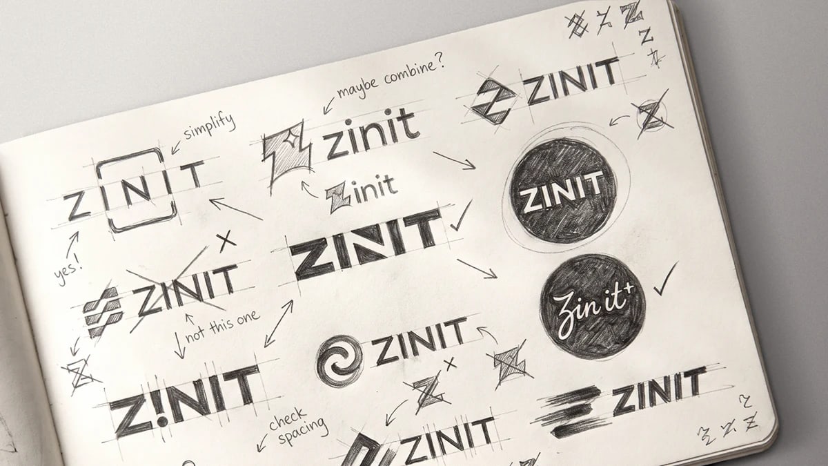 A designer’s scrapbook page of hand-drawn ZINIT logo explorations, annotated “simplify”, “maybe combine?”, “not this one” and “check spacing”, with ticks and crosses.