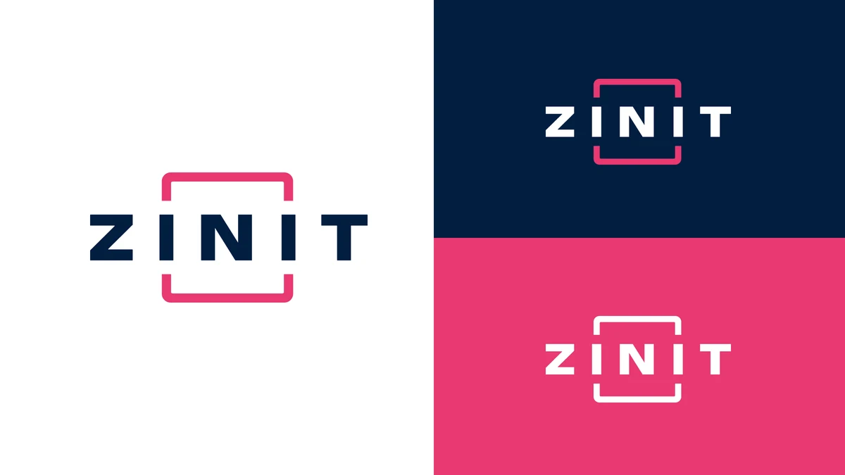 The Zinit mark shown on white, on navy and on raspberry.