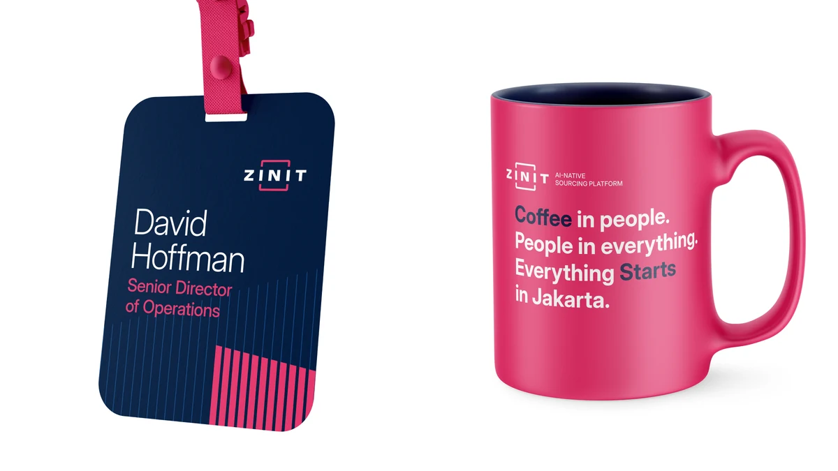 Zinit merchandise on white: a navy conference badge on a raspberry strap, bearing a placeholder name, and a raspberry mug reading Coffee in people. People in everything. Everything Starts in Jakarta.