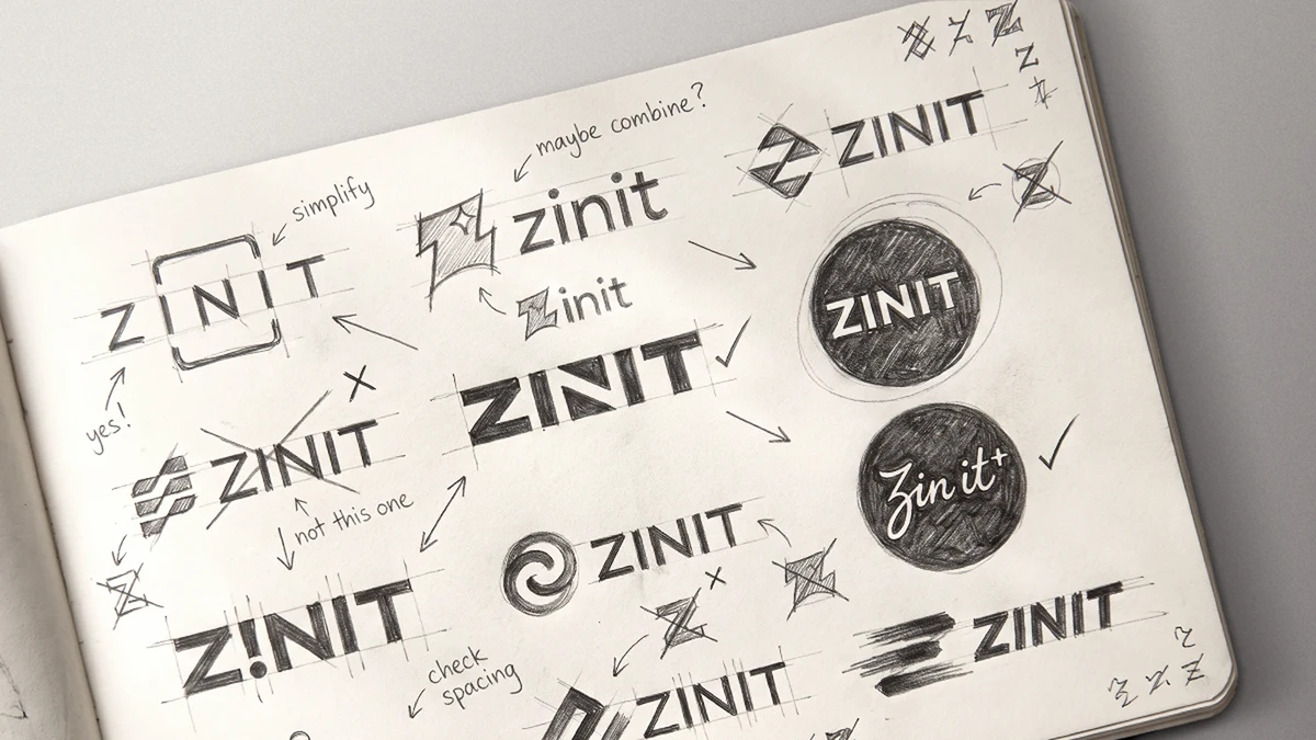 A designer’s scrapbook page of hand-drawn ZINIT logo explorations, annotated “simplify”, “maybe combine?”, “not this one” and “check spacing”, with ticks and crosses.