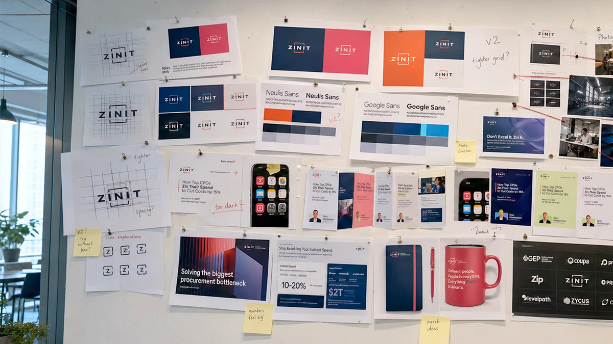 The studio wall: grid studies, colourways, typeface specimens, campaign mockups and merch pinned across a wall.