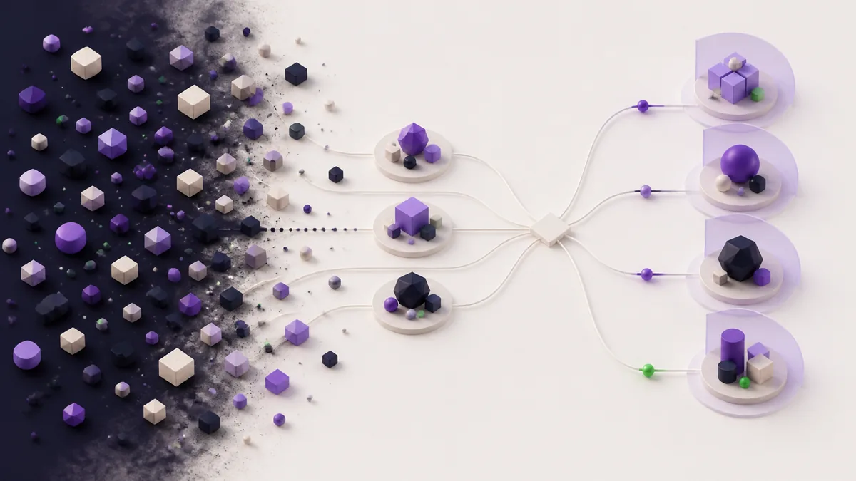 Abstract map of fragmented purchases converging into distinct category decision paths.