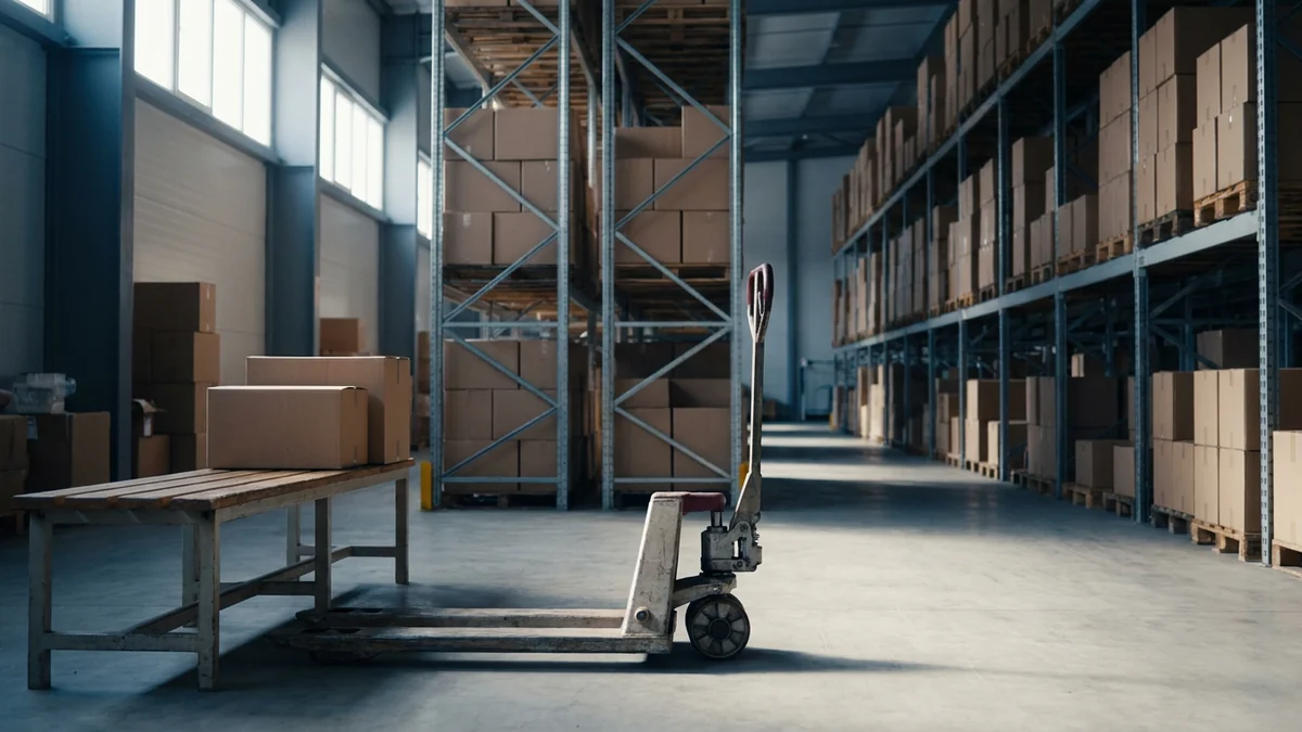 Illustrative unbranded wholesale warehouse with pallet racks, plain cartons, an empty inspection bench and a stationary pallet jack.